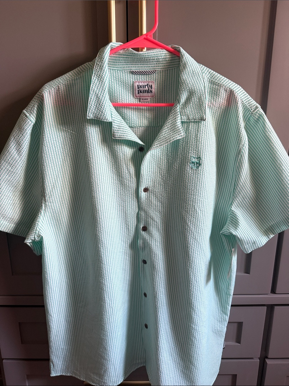 Party Pants Men's Mint Green Short-Sleeve Button-Down Shirt. Seersucker